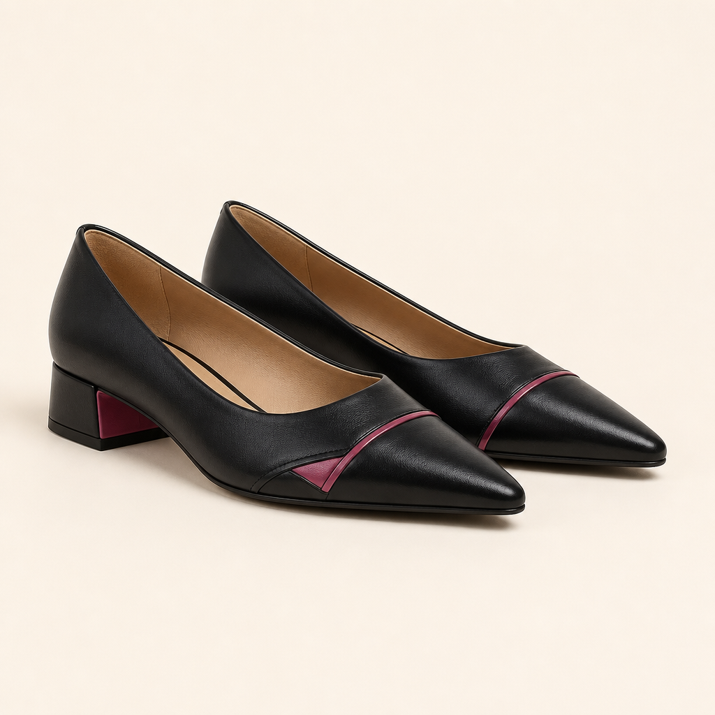 Black leather low-heel shoes with pink accents